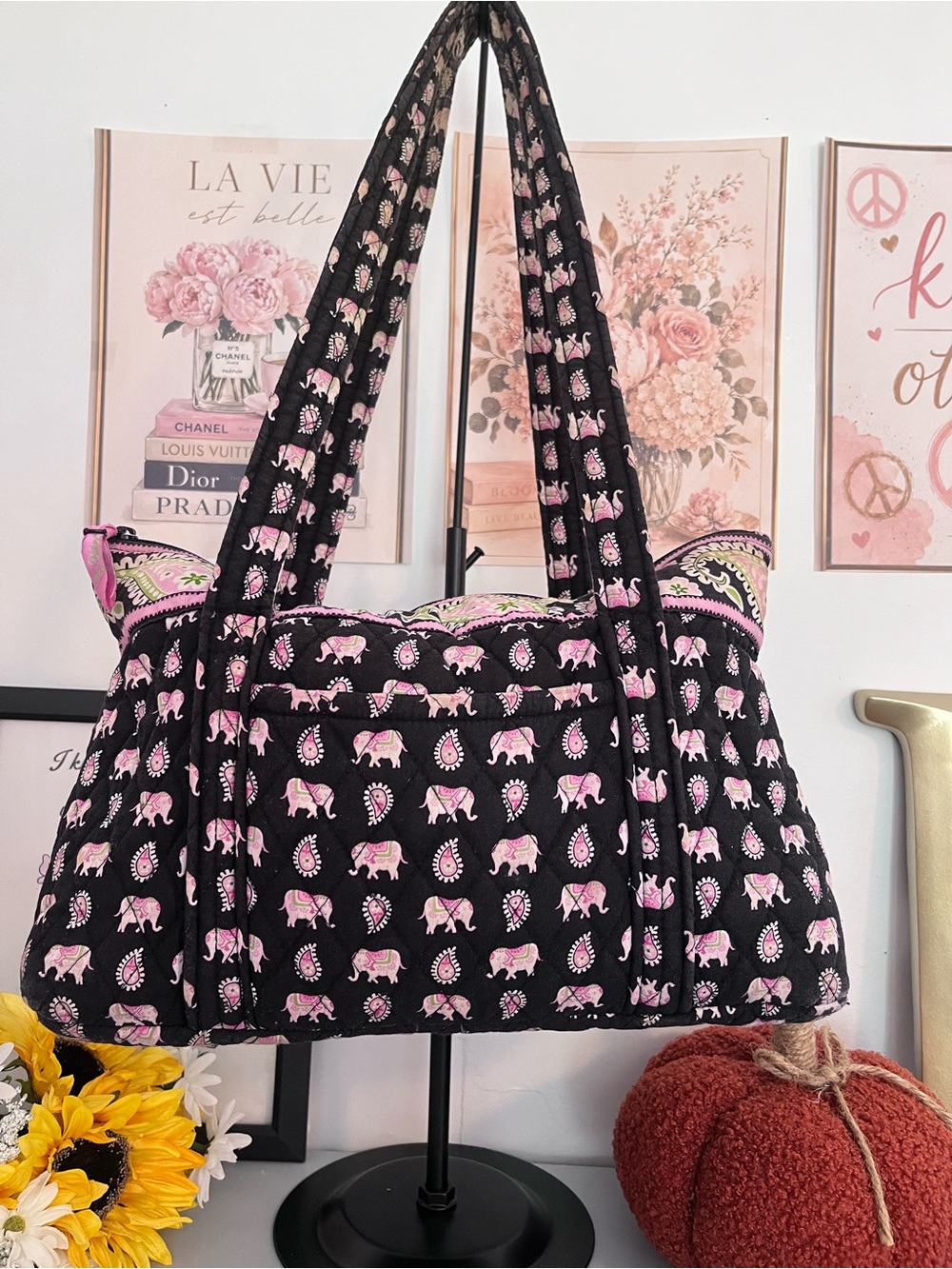Vera Bradley Vintage 2007 Pink Elephants Black Quilted Tote Bag